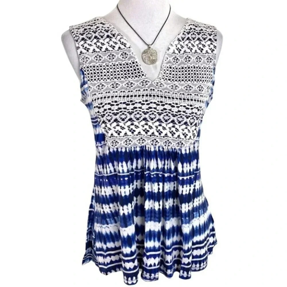 RXB Tie Dye Lace Yoke Tank Top Medium Blue White Boho Sleeveless V-Neck